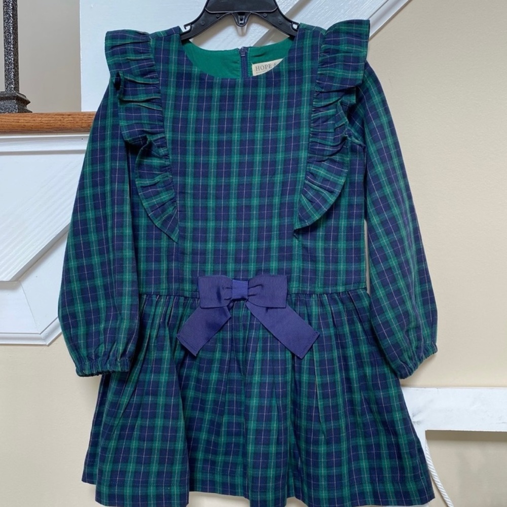 Hope and Henry organic cotton pinafore dress navy green plaid size 5